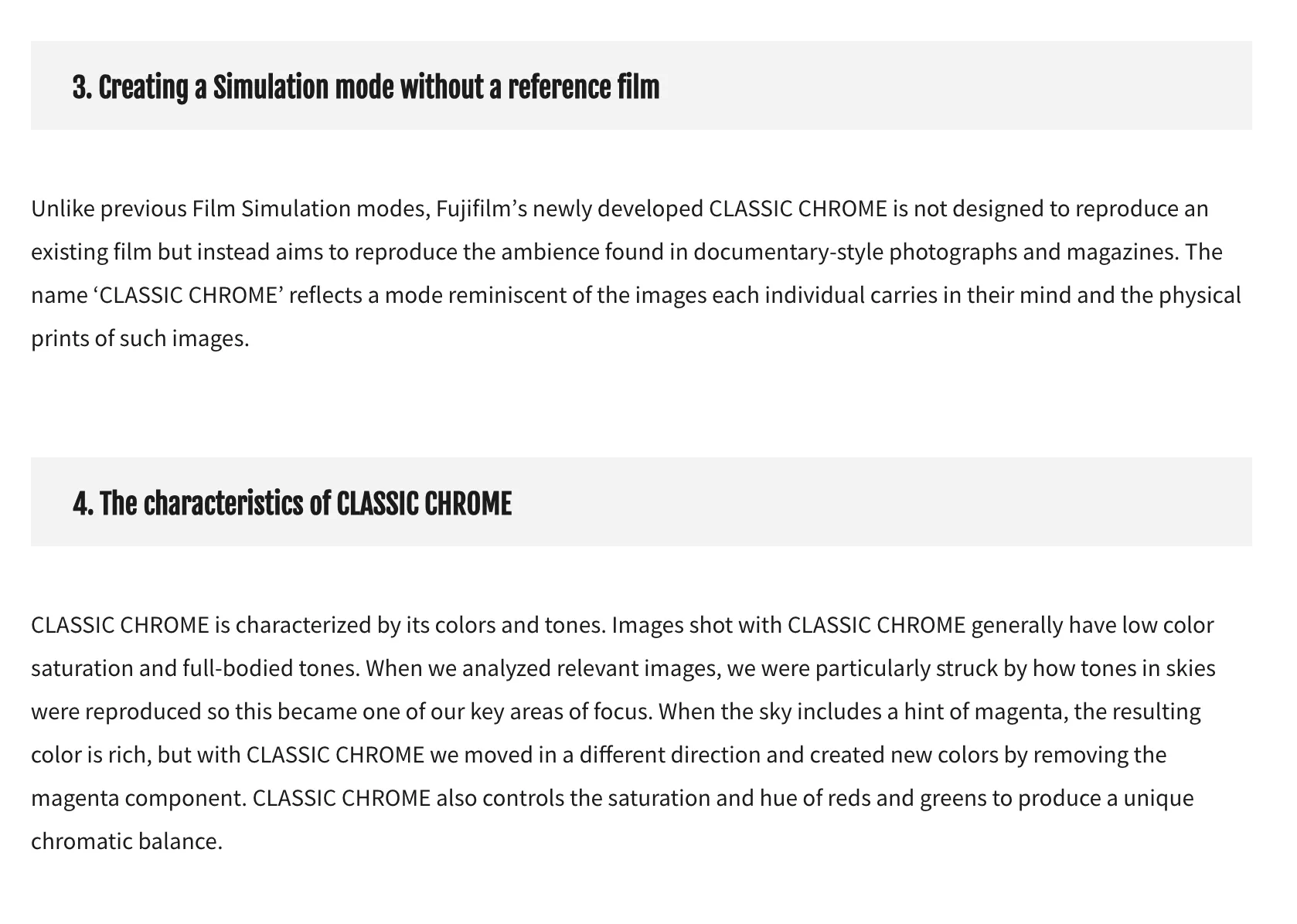 FujiFilm Description Text of Classic Chrome