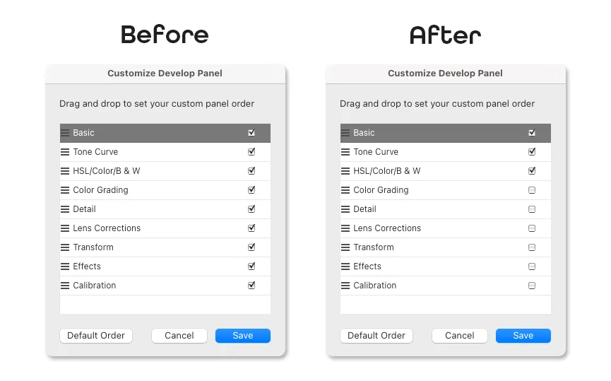 Screenshots of Customize Develop Panel dialog before and after editing