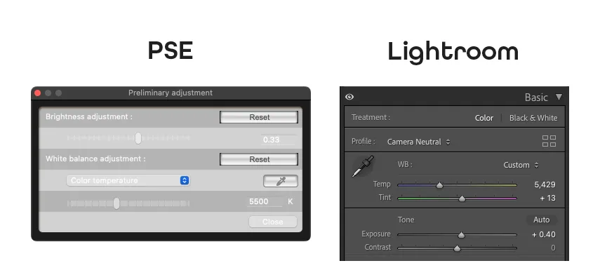 Screenshots of Canon Picture Style Editor and Lightroom basic settings for brightness and white balance